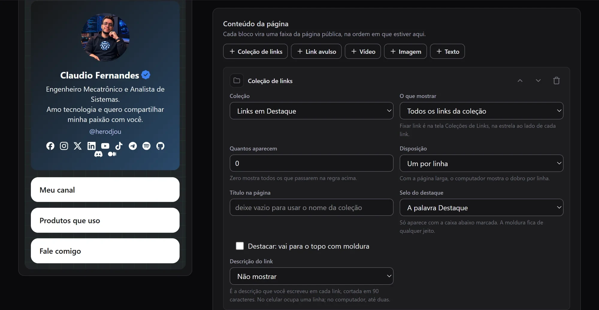 Editor do Link na Bio com a prévia da página à esquerda e as opções de uma coleção de links à direita