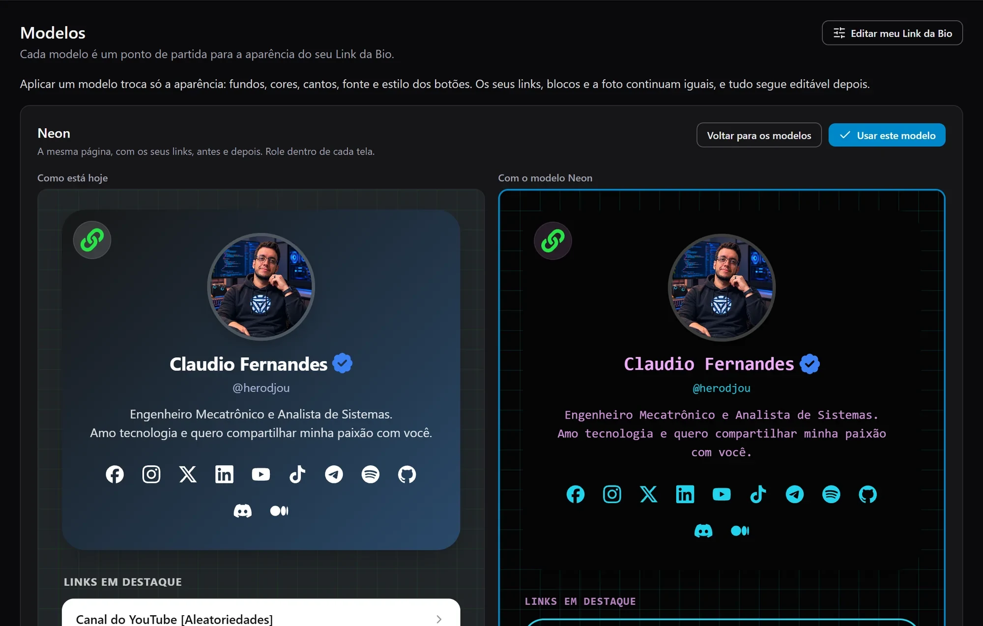 Prévia do Link na Bio com a página atual e o modelo Neon lado a lado