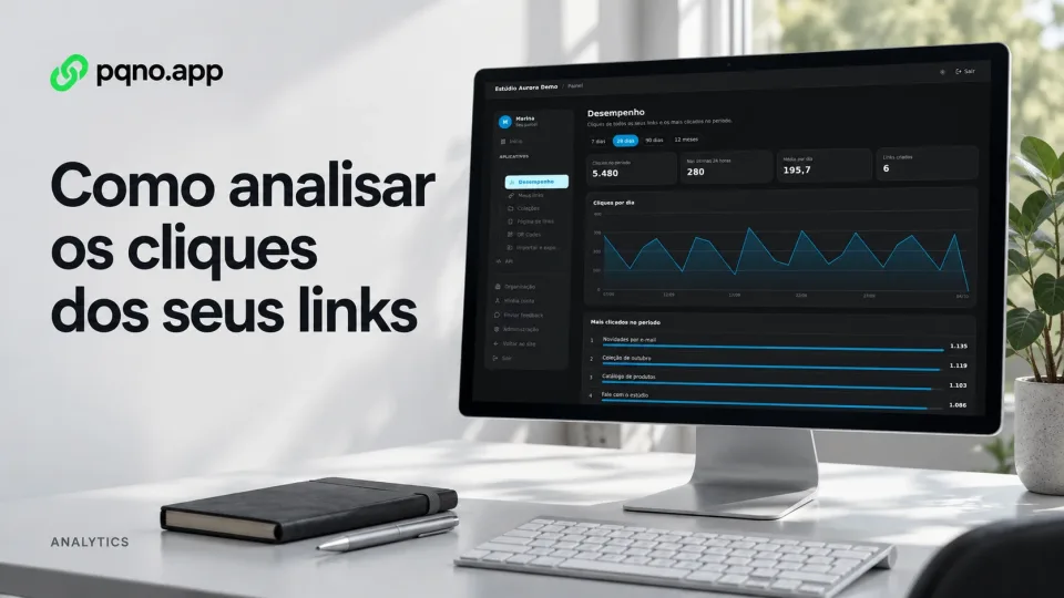 Monitor mostra o gráfico de cliques e o ranking do painel escuro, com métricas simuladas.