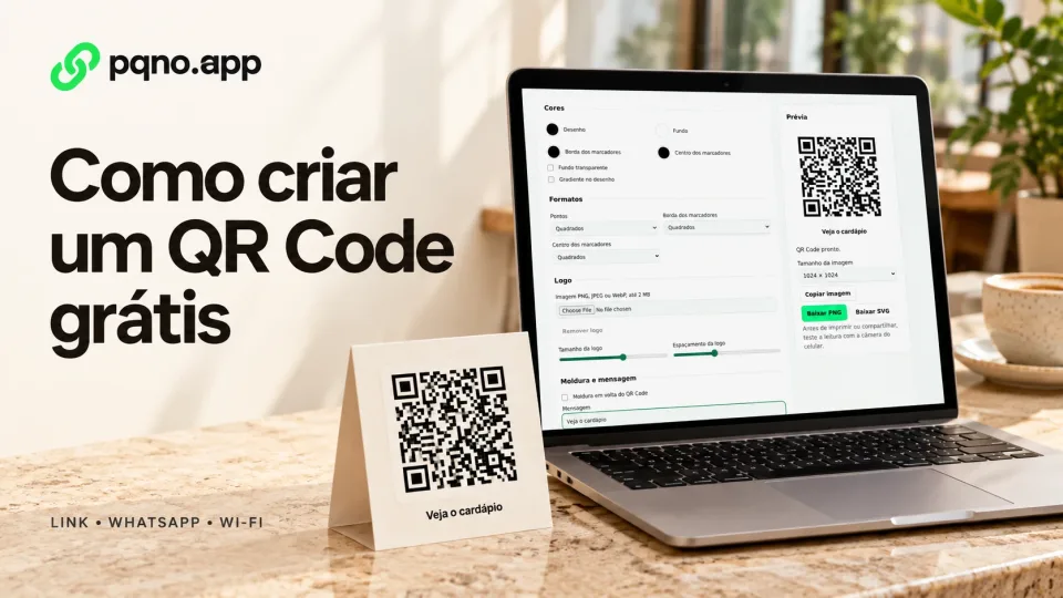 Notebook com o gerador de QR Code e um display de cardápio ilustrativo, sob o título Como criar um QR Code grátis.