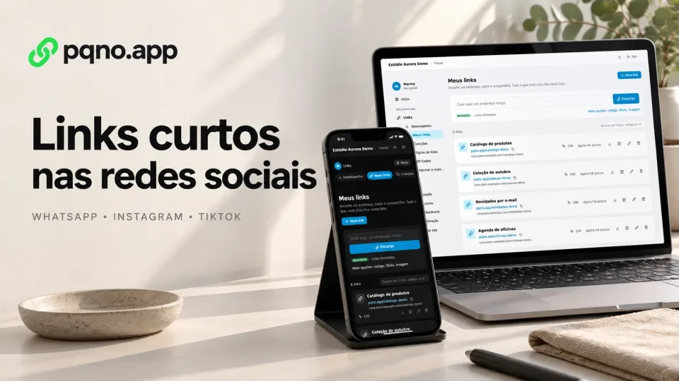 Celular com o painel escuro e notebook com o painel claro, ao lado do título Links curtos nas redes sociais.
