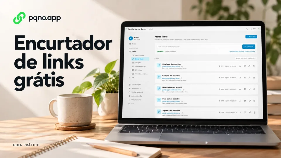 Notebook com o painel de links e o título Encurtador de links grátis, em uma mesa iluminada por luz natural.